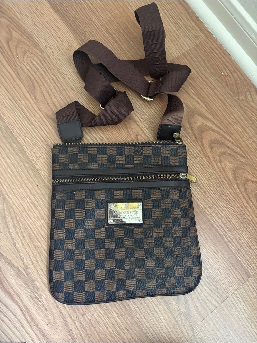 Brown Check Canvas Messenger Bag with Adjustable Strap
